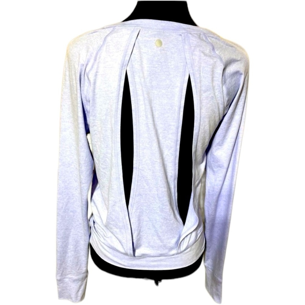 Yogalicious light lavender open back top with thumb holes, size small